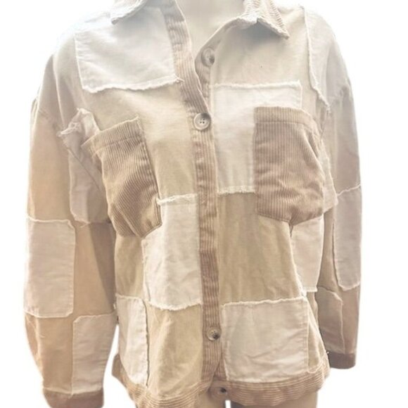 Polagram Beige-White Patchwork Button-Up Corduroy-Cotton Sachet Oversized  S - Picture 2 of 8